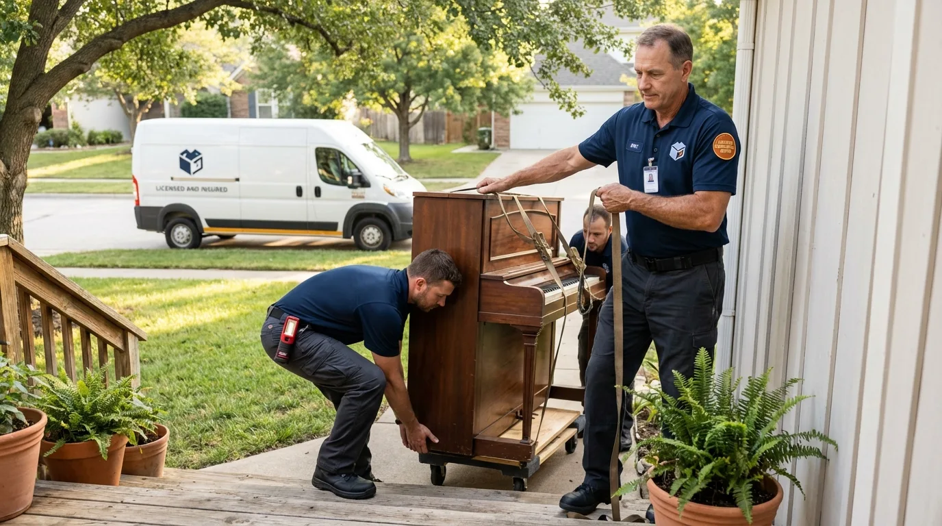 Licensed piano movers securing grand piano in Belen, NM