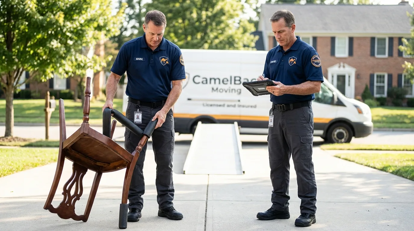 Movers inspecting furniture for damage prevention before loading in Belen, NM