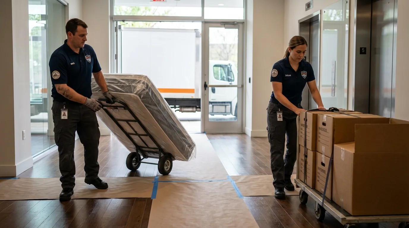 Professional apartment movers loading elevator in Belen, NM