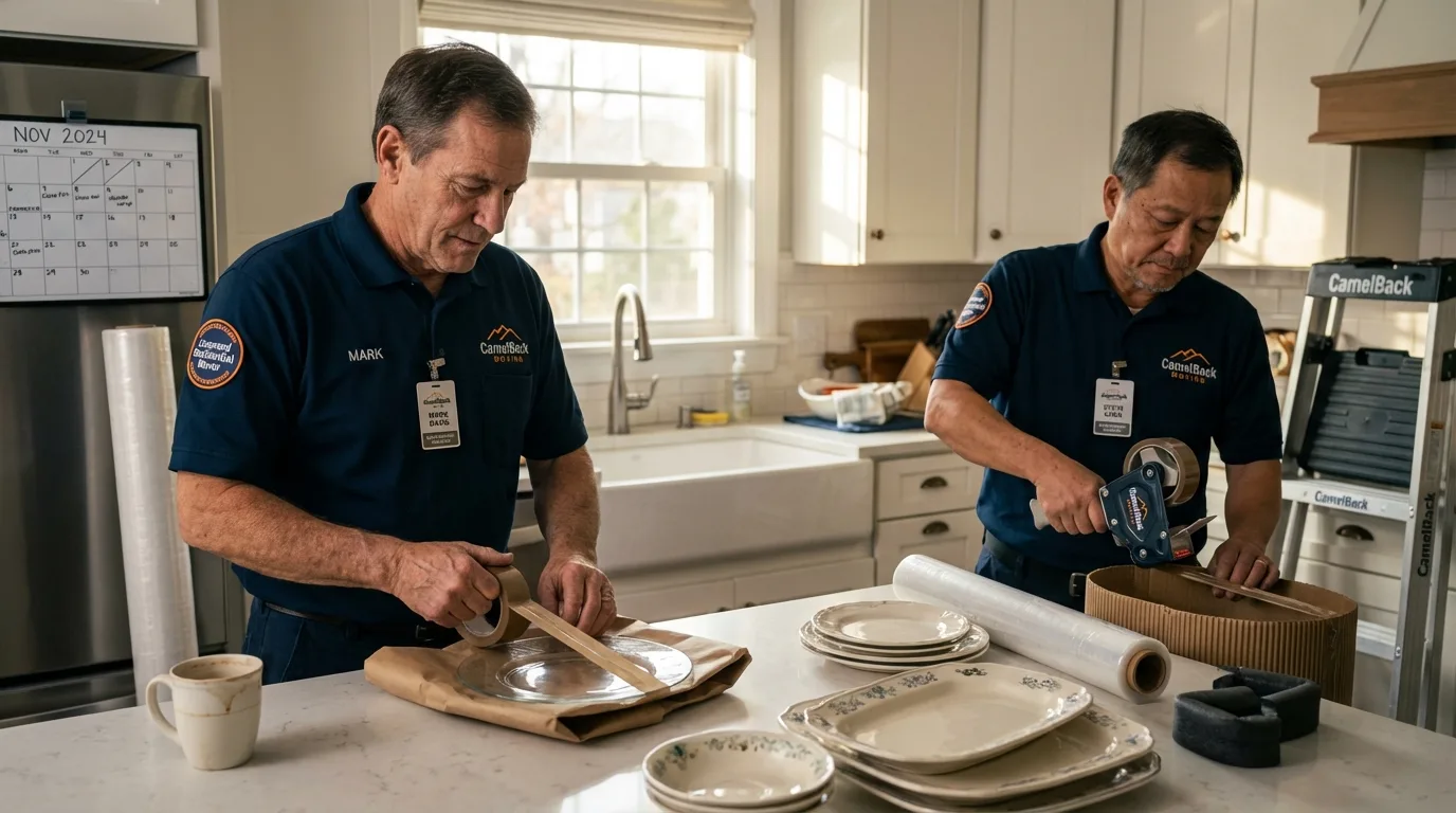 Professional crew packing kitchen dishware in Belen, NM